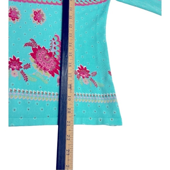 Joseph A. Teal Floral Knit Top L 3/4 Sleeve Stretch Boho Retro Mod Pattern Sz L - Picture 8 of 12